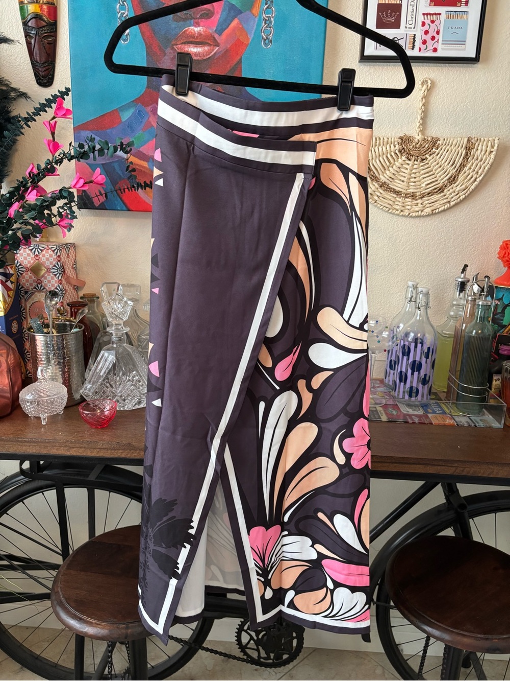 Brand New! Black Floral Wrap Midi Skirt with Front Slit - Picture 2 of 7